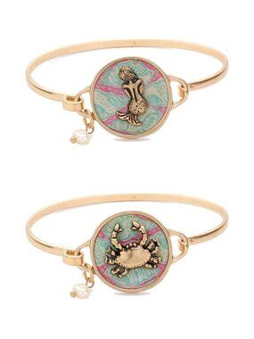 2 Rose Gold Beach Charm Bangle Bracelets - Mermaid + Crab Pearl Stack Set